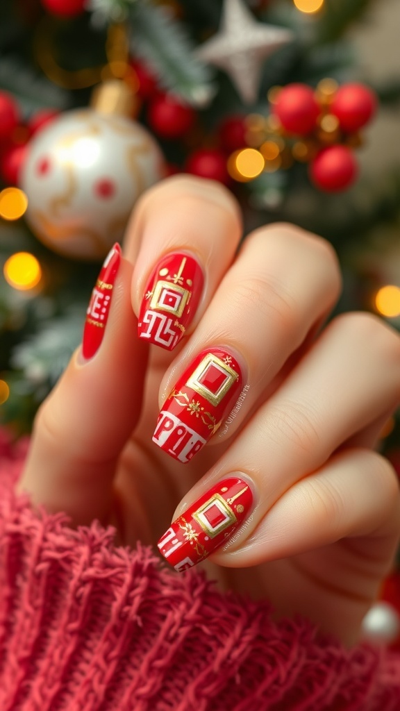 Elegant Red Square Christmas Nail Art Elegant red square Christmas nail art with white and gold accents.